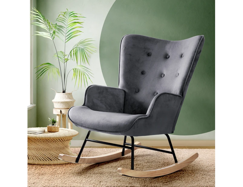 Oikiture Rocking Chair Nursing Armchair Velvet Accent Chairs Upholstered Grey