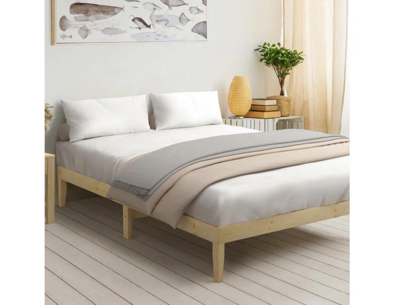 Oikiture Bed Frame Double Wooden Platform Bed Base Frame Wood Natural Pinewood