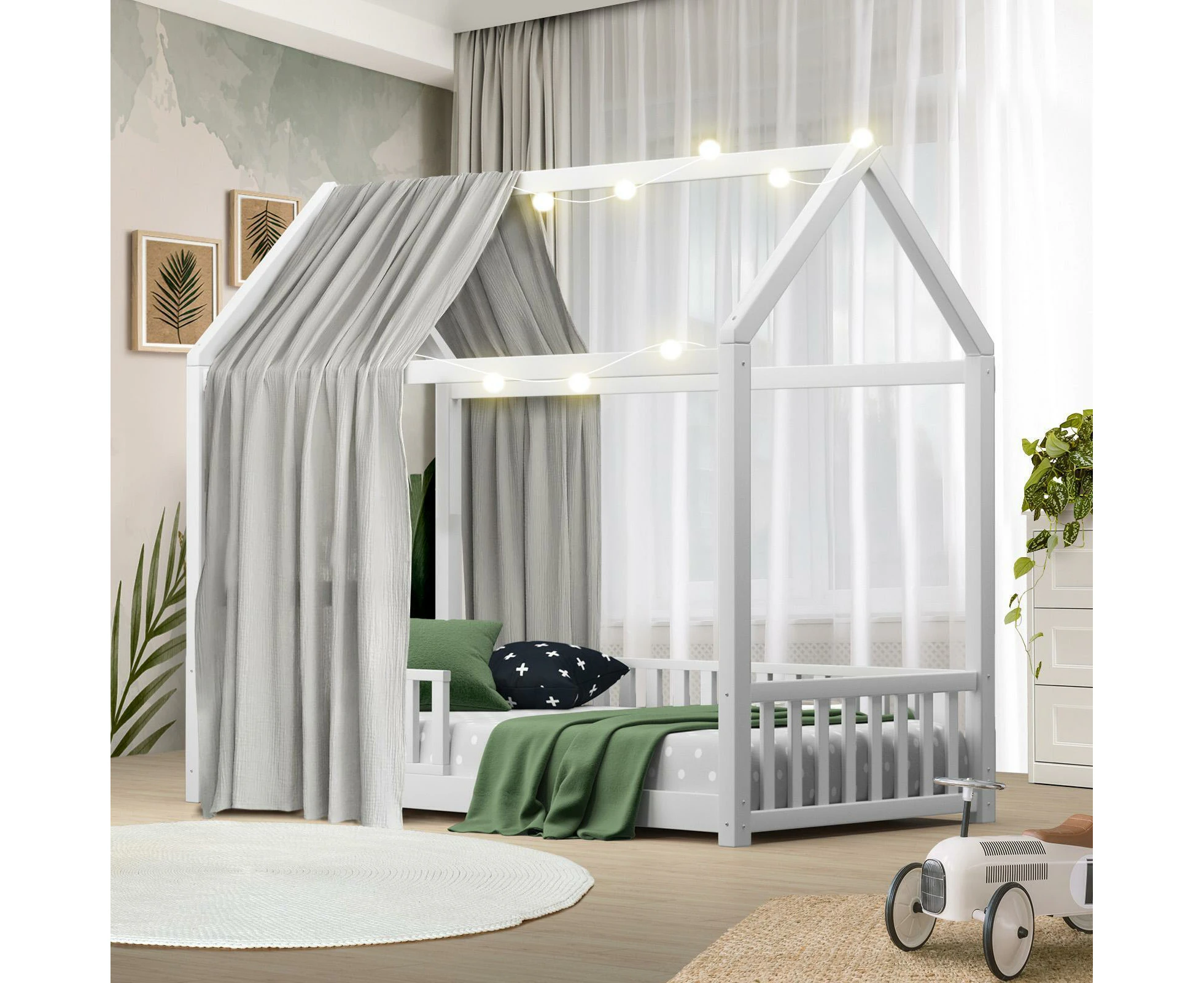 Oikiture Bed Frame Kids Wooden Single Timber House Frame Platform