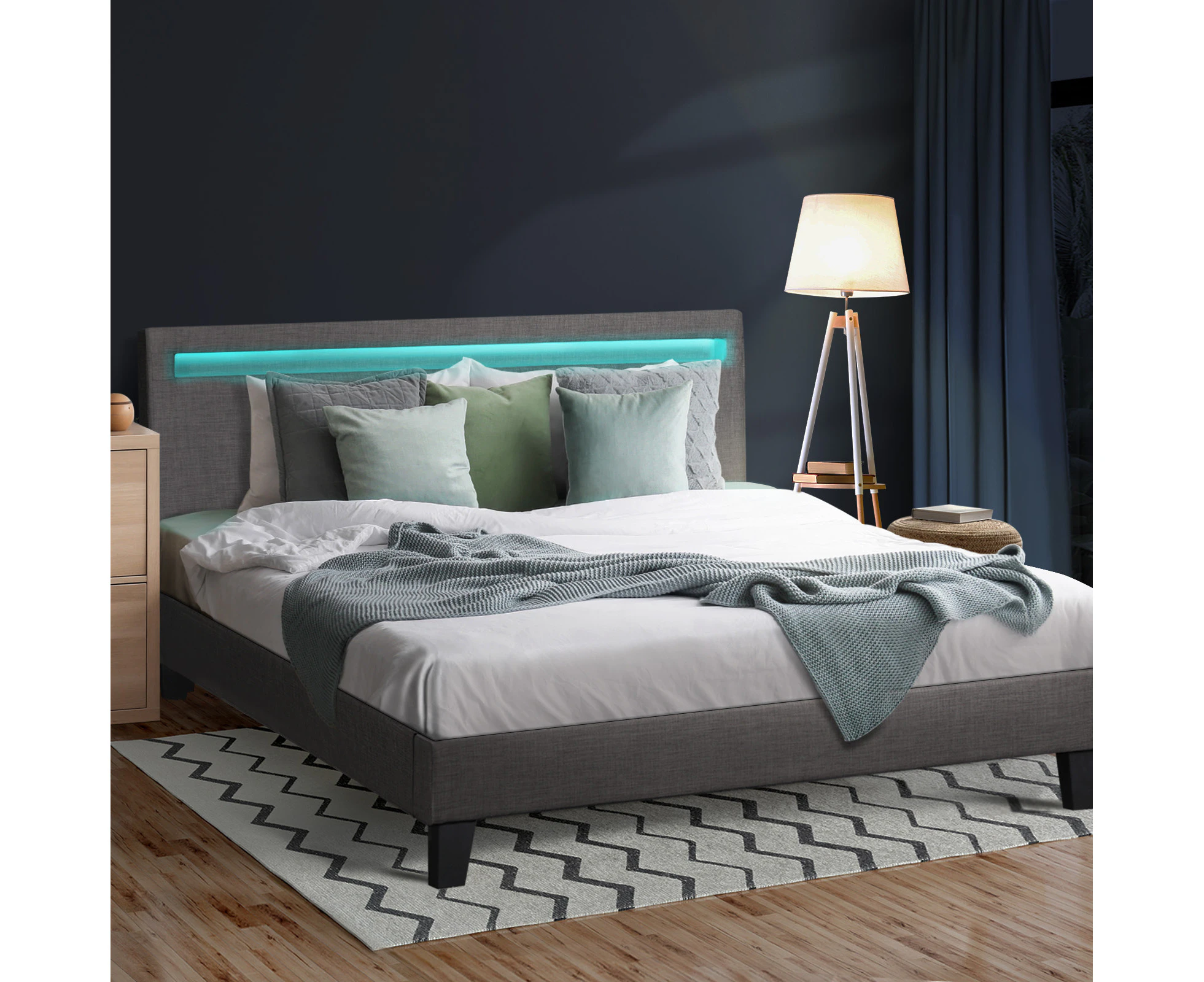 Oikiture Bed Frame Double Size RGB LED Beds Grey Fabric