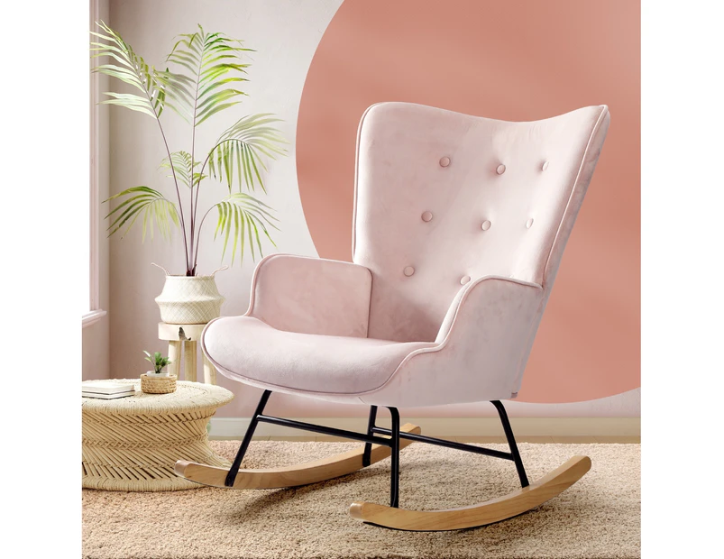 Oikiture Rocking Chair Armchair Velvet Accent Chairs Fabric Upholstered Pink