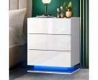 Oikiture Bedside Table RGB LED Nightstand Cabinet 3 Drawers Side Table Furniture White