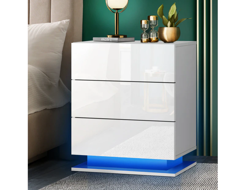 Oikiture Bedside Table RGB LED Nightstand Cabinet 3 Drawers Side Table Furniture White