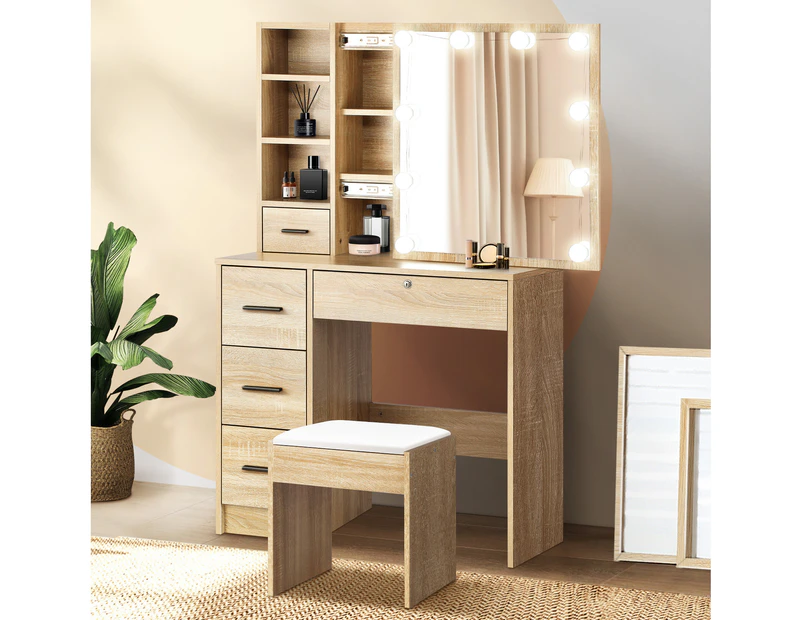 Oikiture Dressing Table Stool Set Makeup Slide Mirror Drawer 10 LED Bulbs Wooden