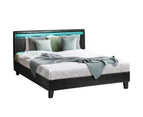 Oikiture Bed Frame Double Size RGB LED Bed Frame Black Leather