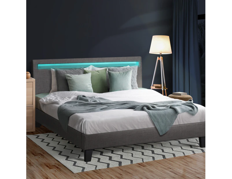 Oikiture Bed Frame King Size RGB LED Beds Grey Fabric