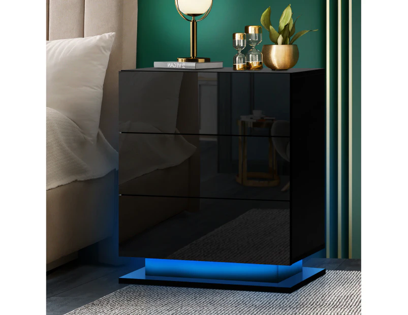 Oikiture Bedside Table RGB LED Nightstand Cabinet 3 Drawers Side Table Furniture Black