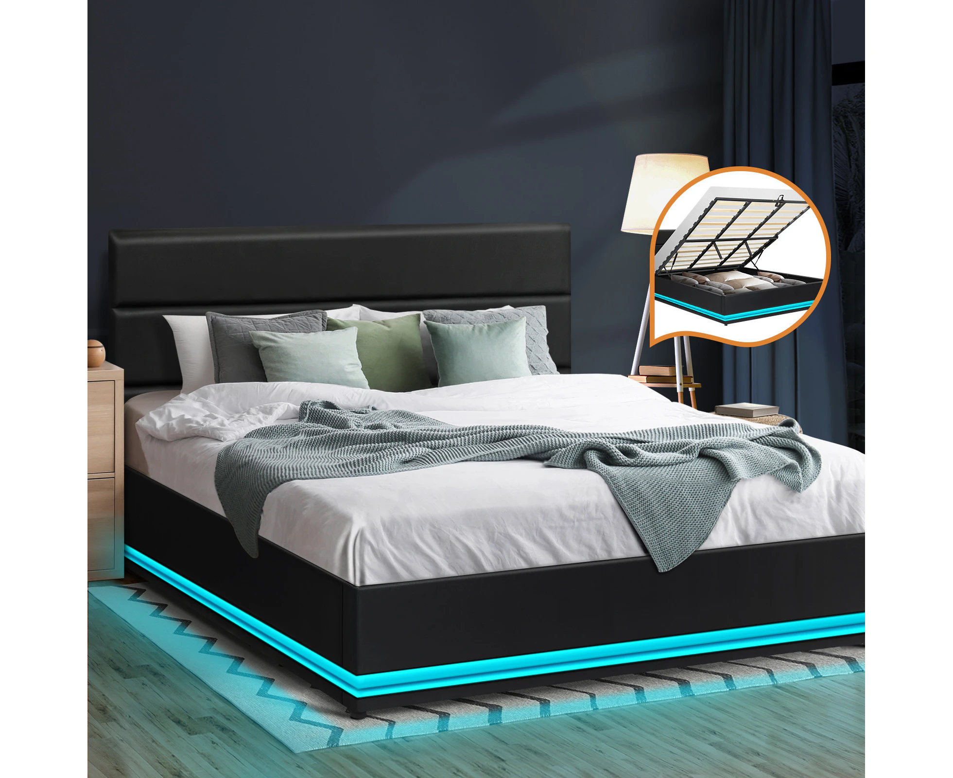 Oikiture Bed Frame King Size LED Gas Lift Black LAYZ