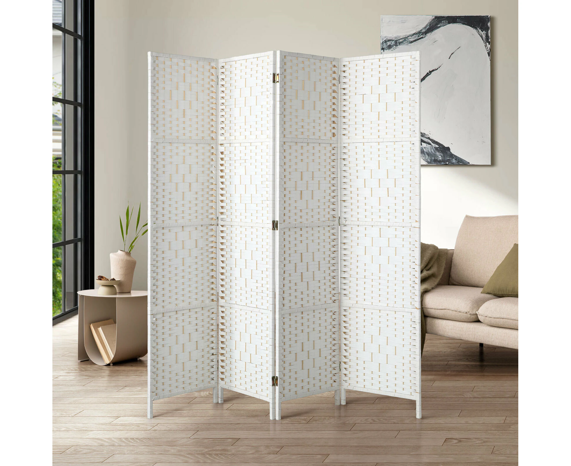 Oikiture 4 Panels Room Divider Screen Privacy Rattan Stand - White