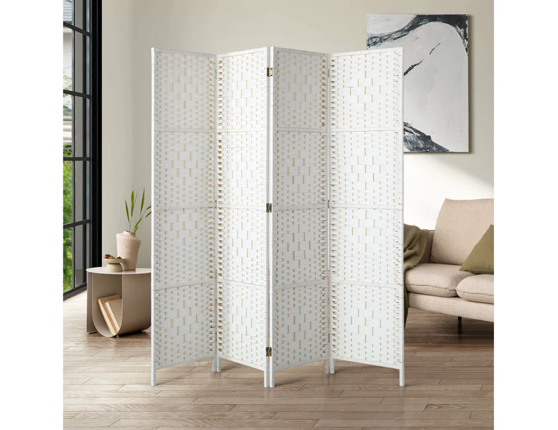 Oikiture 4 Panels Room Divider Screen Privacy Rattan Stand - White