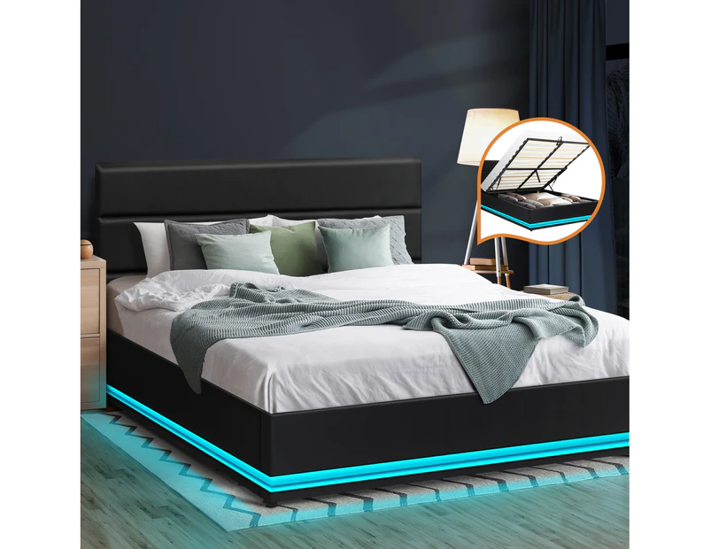 Oikiture Bed Frame Double Size LED Gas Lift Black LAYZ