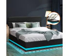 Oikiture RGB LED Bed Frame Gas Lift Base With Storage Queen Size Black Leather Upholstered Headboard