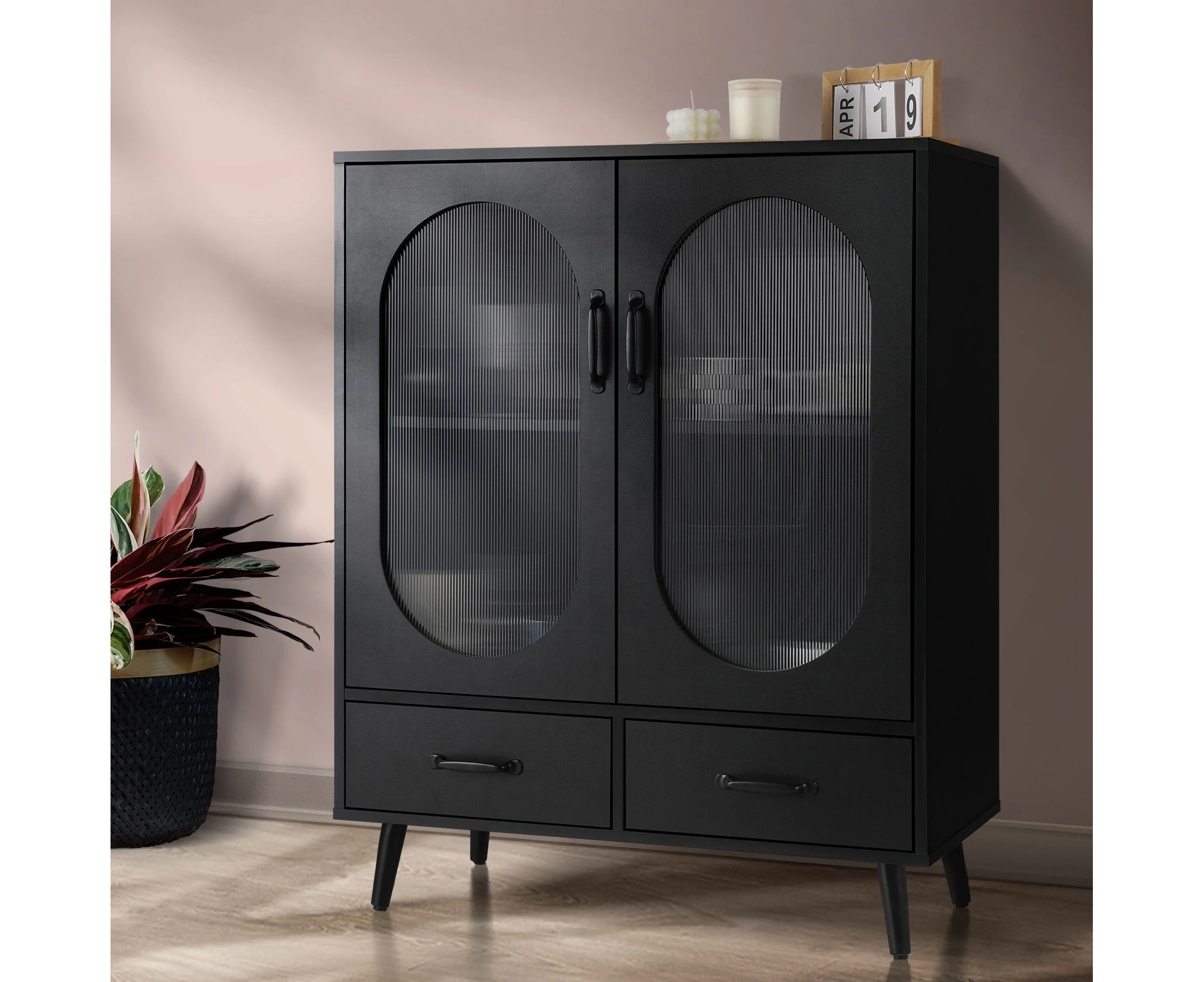 Oikiture Sideboard Buffet Bar Storage Cabinet Fluted Door Two Drawer Cupboard Black