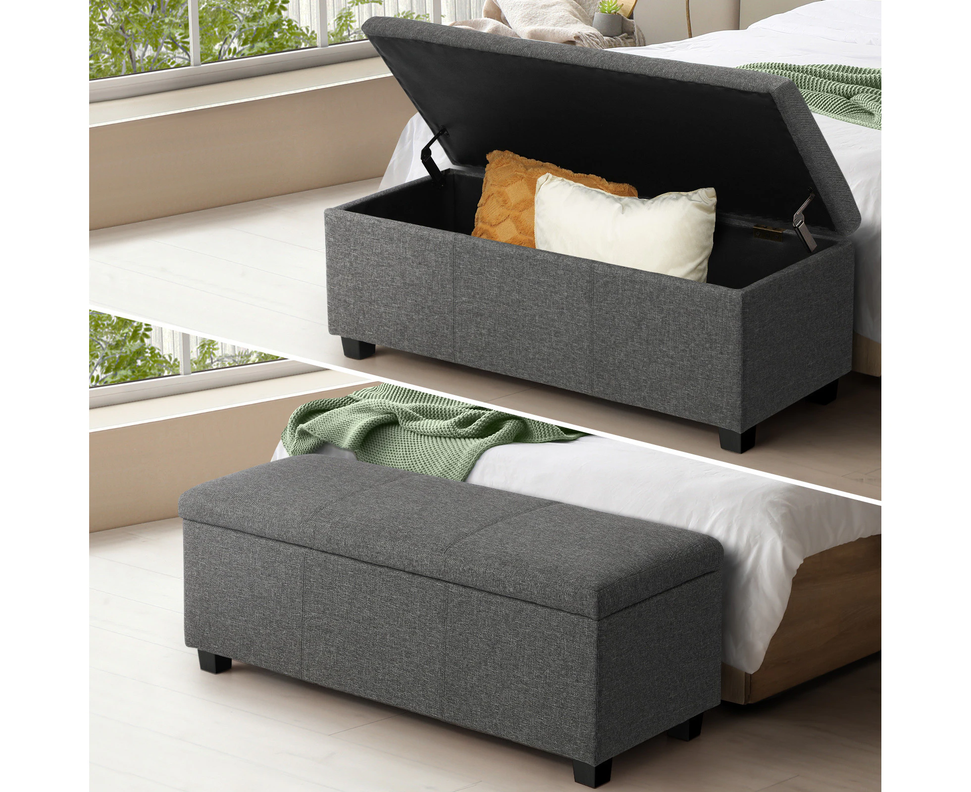 Oikiture Storage Ottoman Blanket Box Linen Fabric Arm Foot Stool Couch Large