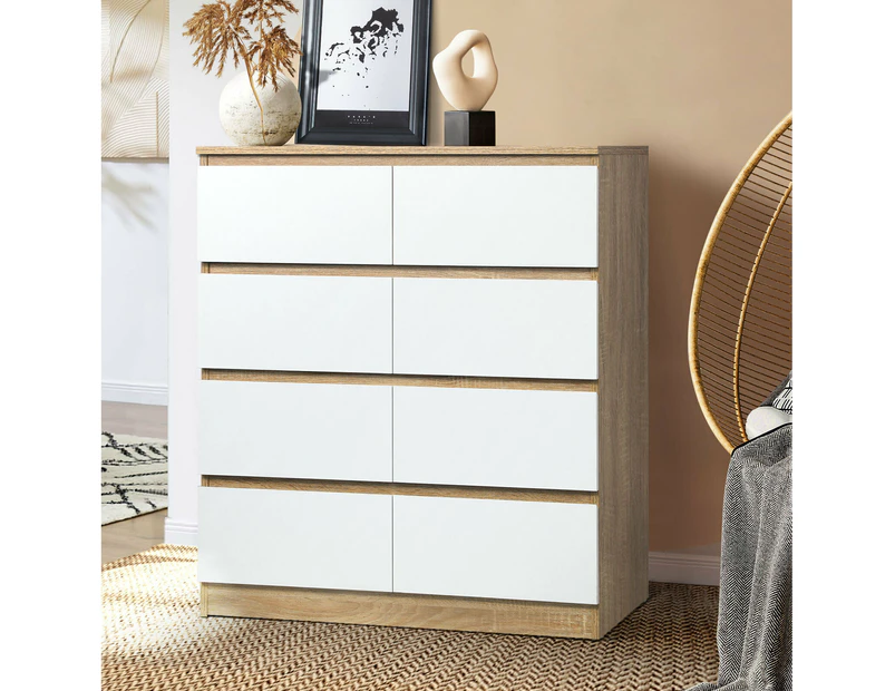 Oikiture Tallboy Dresser/8 Chest of Drawers - White/Natural