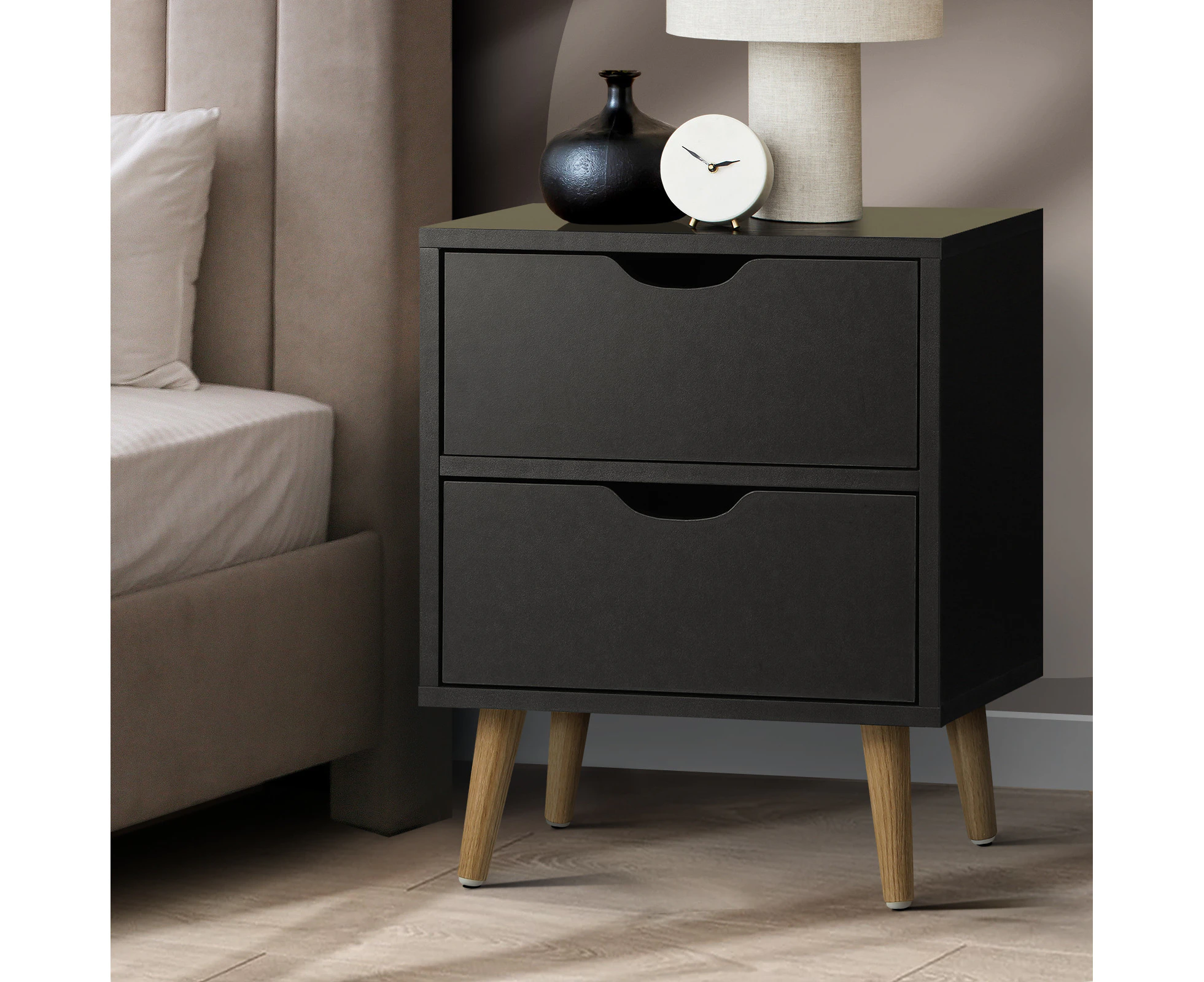 Oikiture Bedside Tables 2 Drawers Side Table Bedroom Furniture Storage Black