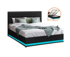 Oikiture RGB LED Bed Frame Gas Lift Base With Storage Queen Size Black Leather Upholstered Headboard