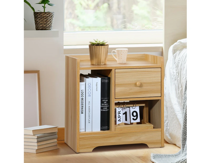 Oikiture Bedside Table Wooden Side Table Bedroom Nightstand Storage Drawer Shelf