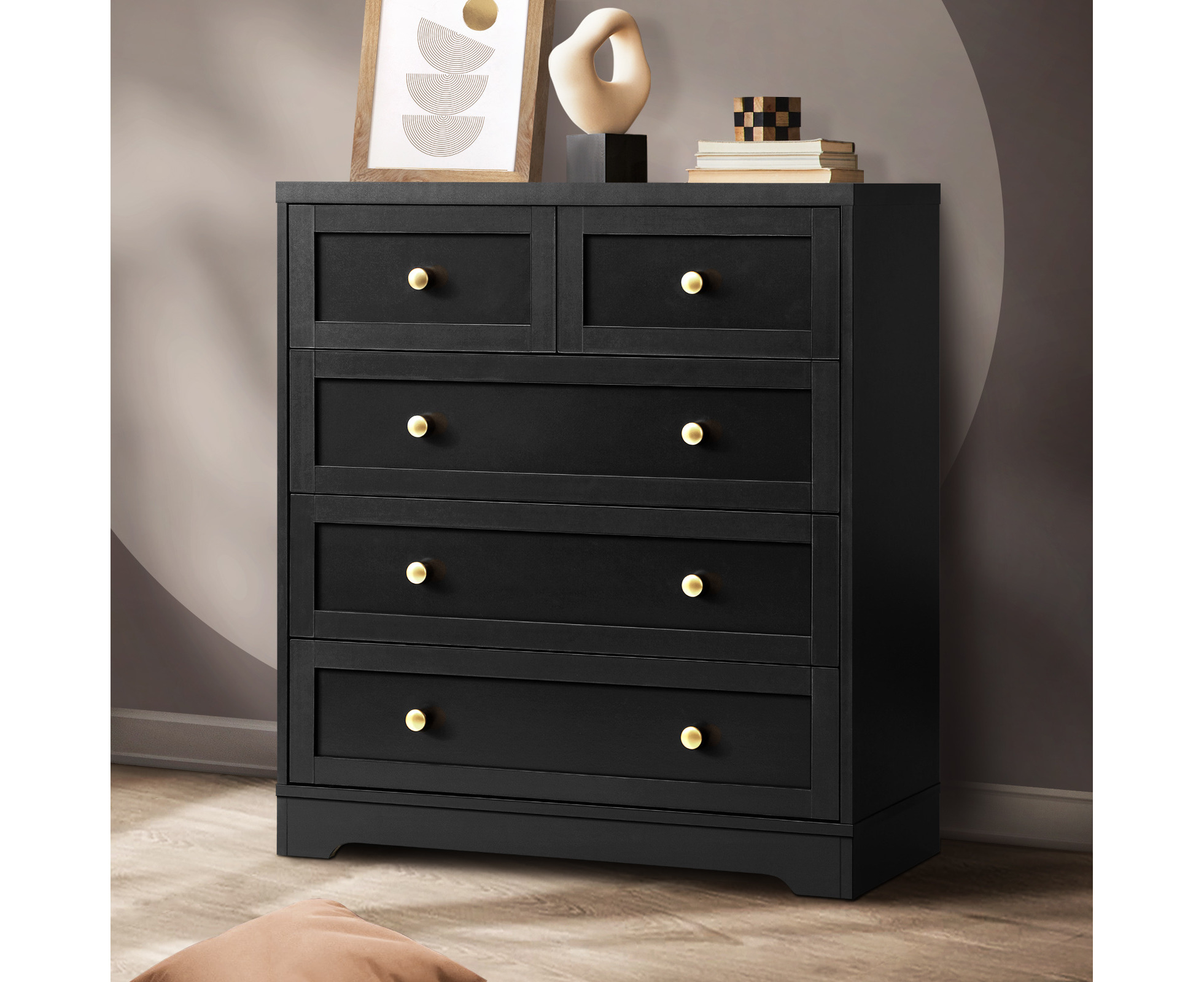 Oikiture 5 Chest of Drawers Tallboy Dresser Table Storage Cabinet Black