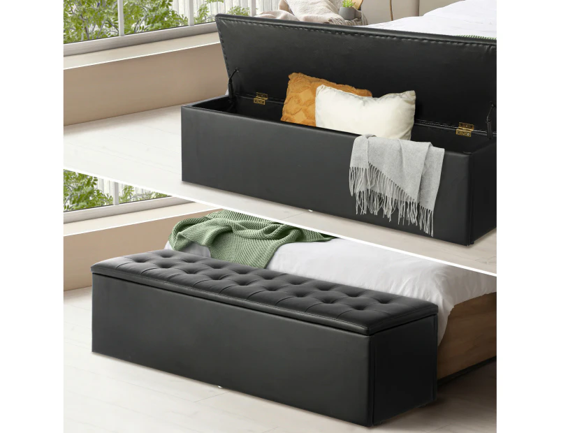 Oikiture Storage Ottoman Blanket Box Foot Stool XL Chest Toy PU Leather Black