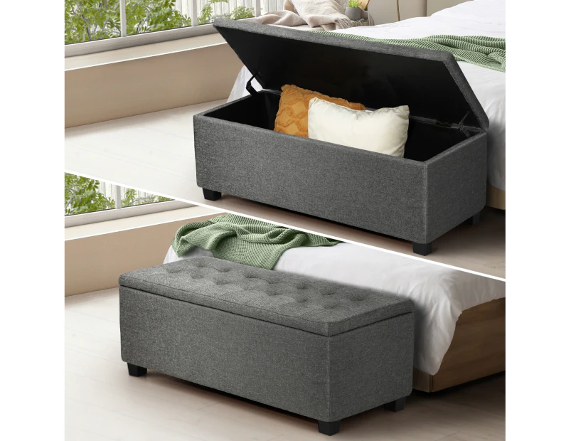 Oikiture Storage Ottoman Blanket Box Faux Linen Chest Toy Foot Stool LARGE Grey