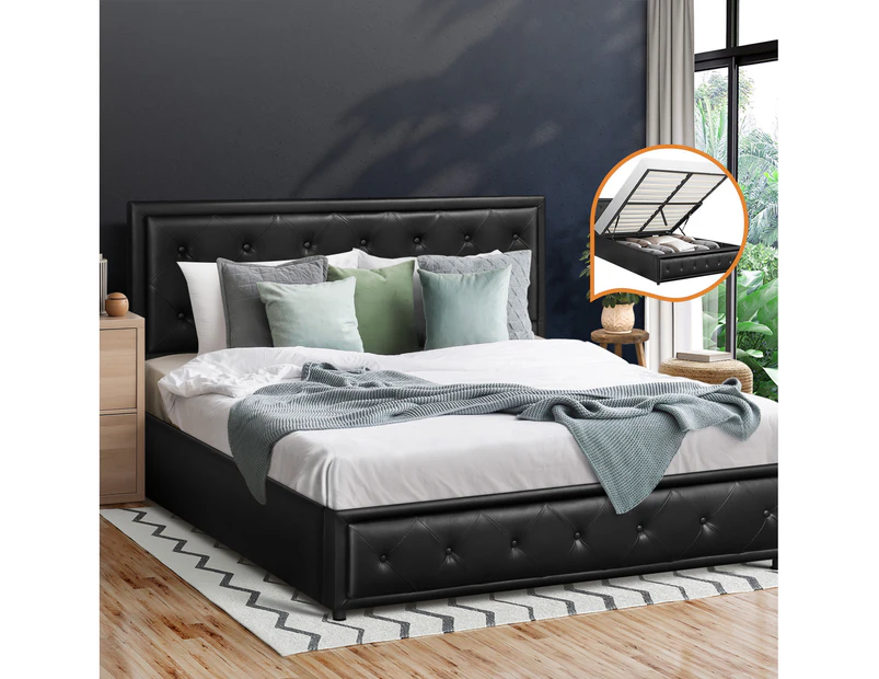 Oikiture Bed Frame Queen Size Gas Lift Base With Storage Black Leather