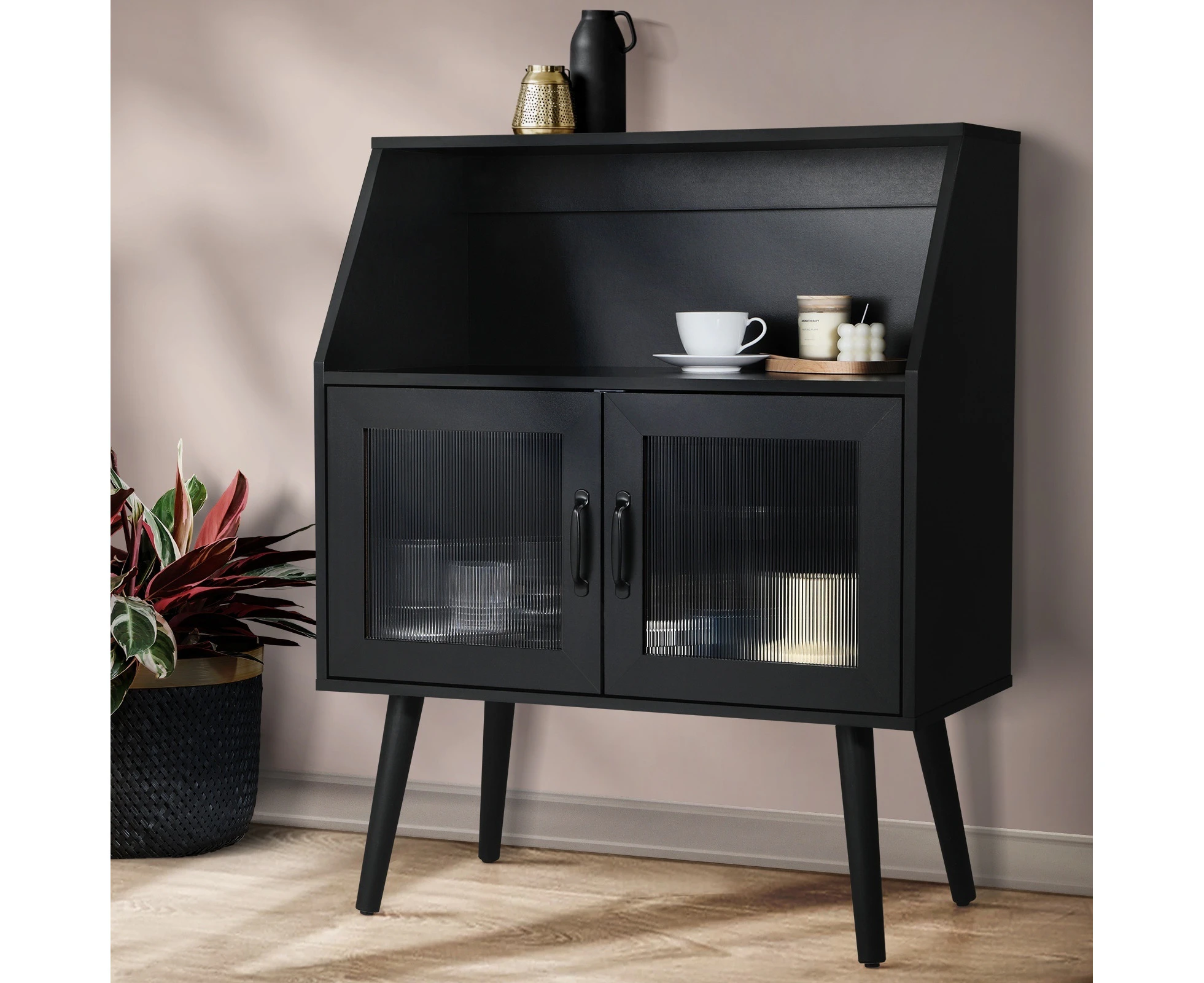 Oikiture Buffet Sideboard Storage Cabinet Fluted Door Cupboard Table Black