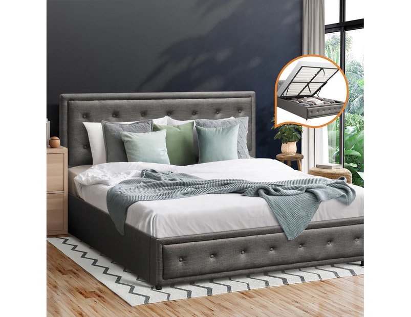 Oikiture Bed Frame Queen Size Gas Lift Base With Storage Grey Fabric