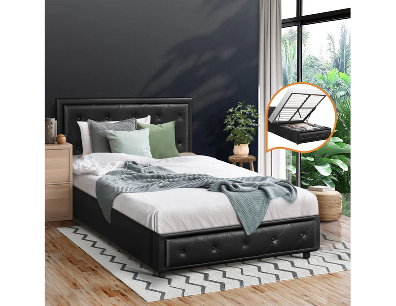 Oikiture Bed Frame King Single Size Gas Lift Base With Storage Black Leather