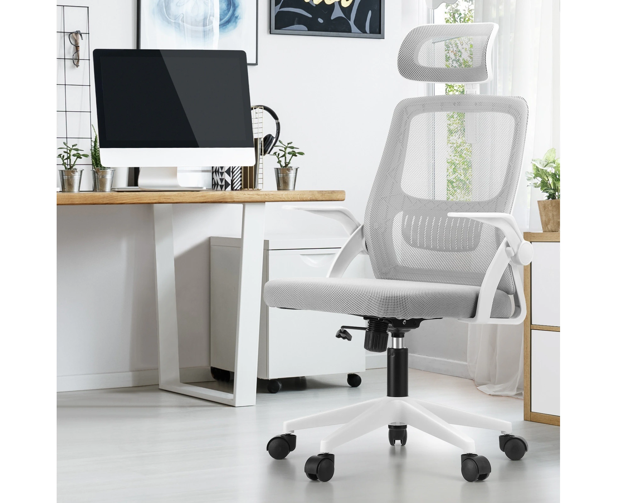 Oikiture Mesh Office Chair Executive Fabric Gaming Seat Racing Computer White