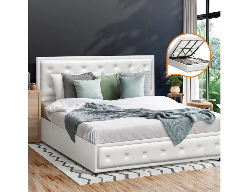 Oikiture Bed Frame King Size Gas Lift Base With Storage White Leather