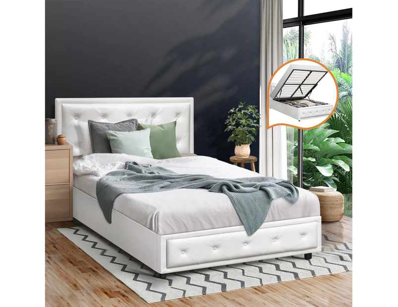 Oikiture Bed Frame King Single Size Gas Lift Base With Storage White Leather