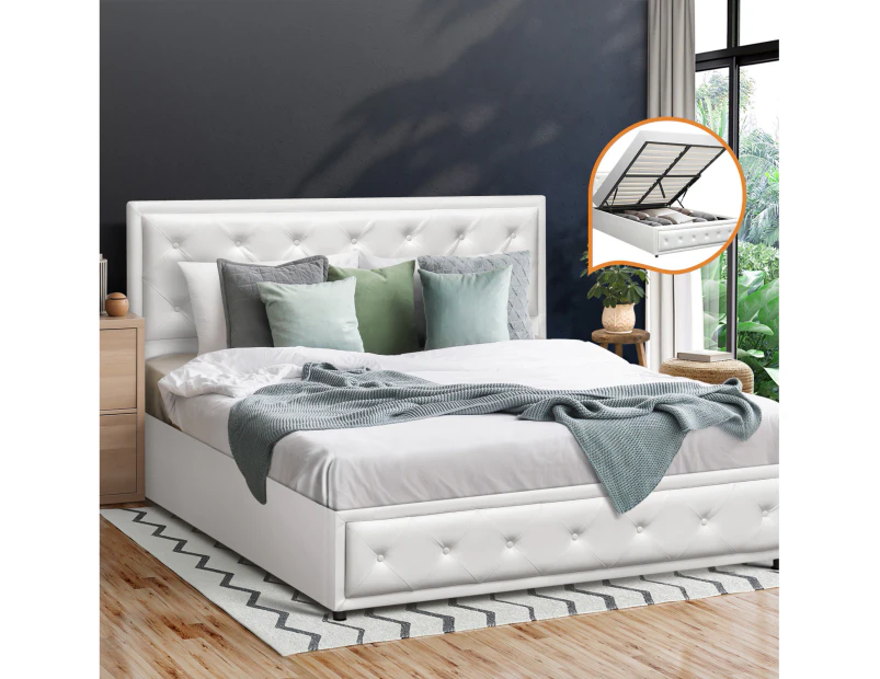 Oikiture Bed Frame Queen Size Gas Lift Base With Storage White Leather