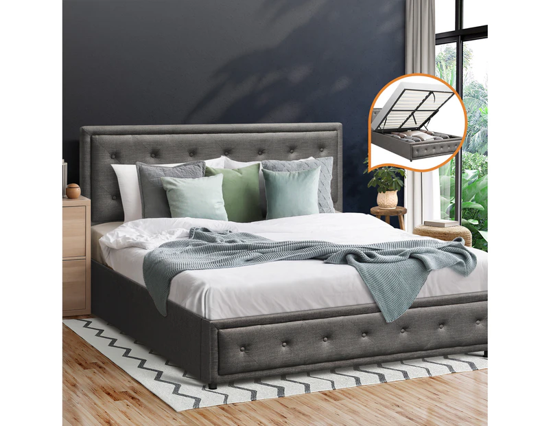 Oikiture Bed Frame Double Size Gas Lift Base With Storage Grey Fabric