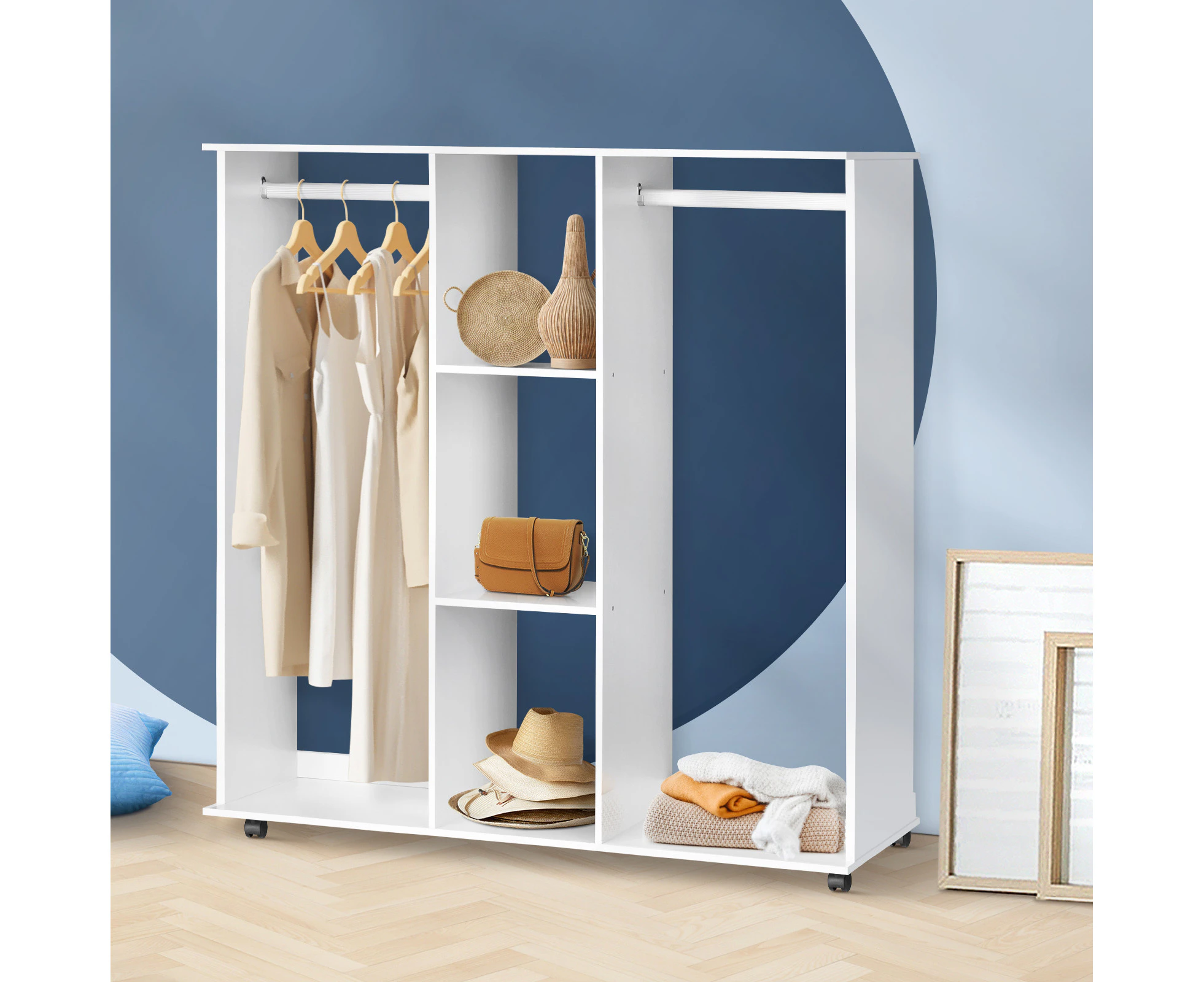 Oikiture Wardrobe Double Portable Open Storage Bedroom Shelves Clothes Organizer