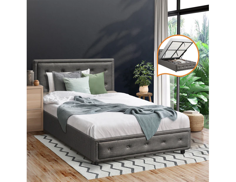 Oikiture Bed Frame King Single Size Gas Lift Base With Storage Grey Fabric