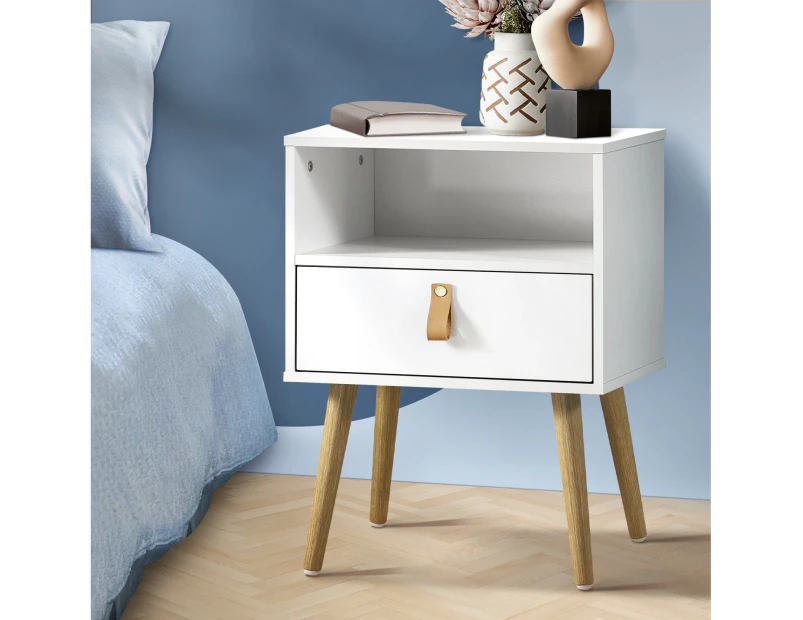 Oikiture Bedside Table w/ Leather Handle White