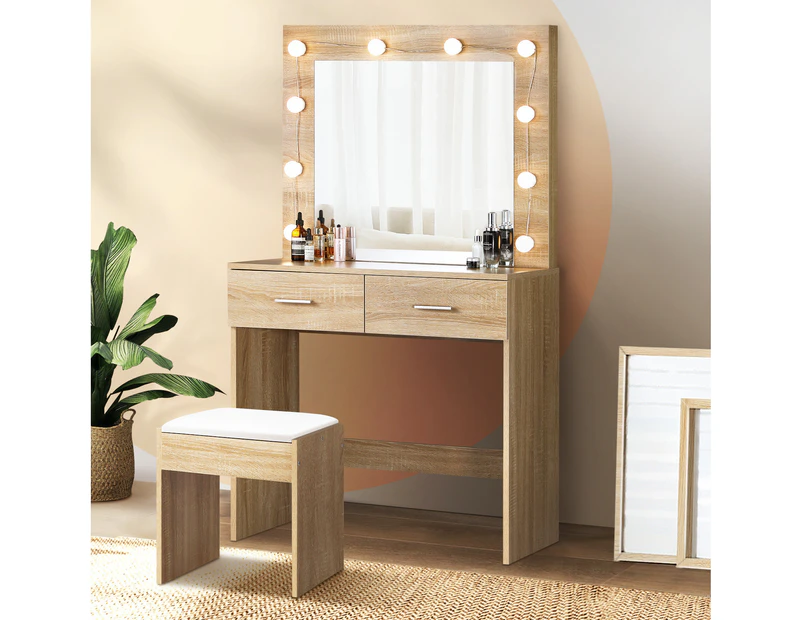 Oikiture Dressing Table Stool Set Makeup Mirror Storage Desk 10 LED Bulbs Wooden