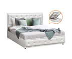 Oikiture Bed Frame Queen Size Gas Lift Base With Storage White Leather