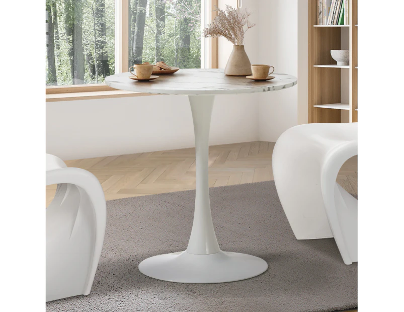 Oikiture 60cm Dining Table Kitchen Marble Tulip Round Metal Leg White