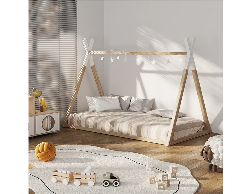 Oikiture Bed Frame Single Wooden Timber Kids House Frame Wood Base with Mattress Set