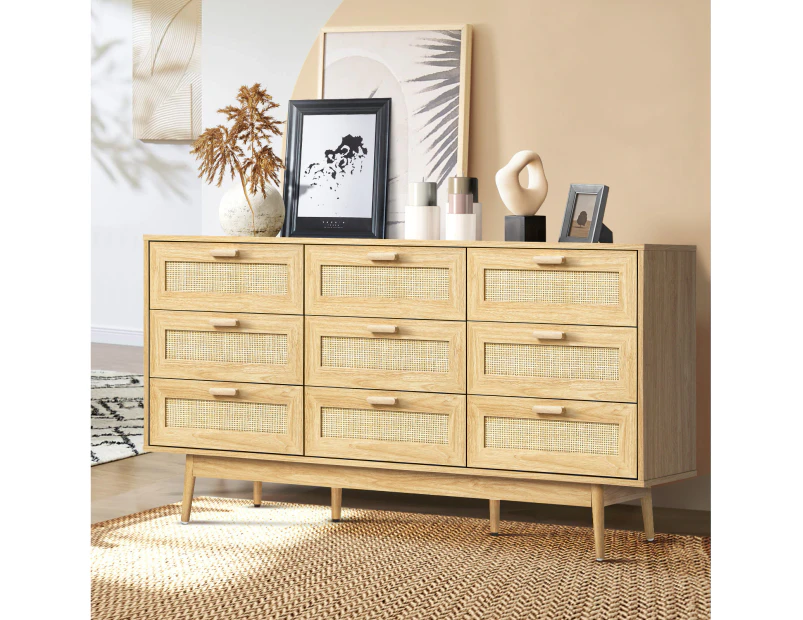 Oikiture 9 Chest of Drawers Dresser Rattan Storage Cabinet Lowboy Bedroom Wooden