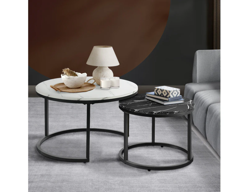 Oikiture Set of 2 Coffee Table Round Nesting Side End Table White & Black