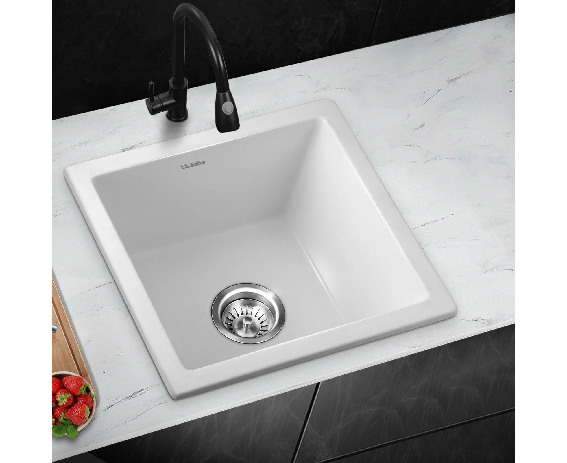 Welba Kitchen Sink 38x38cm Granite Stone Sink Basin Single Bowl White