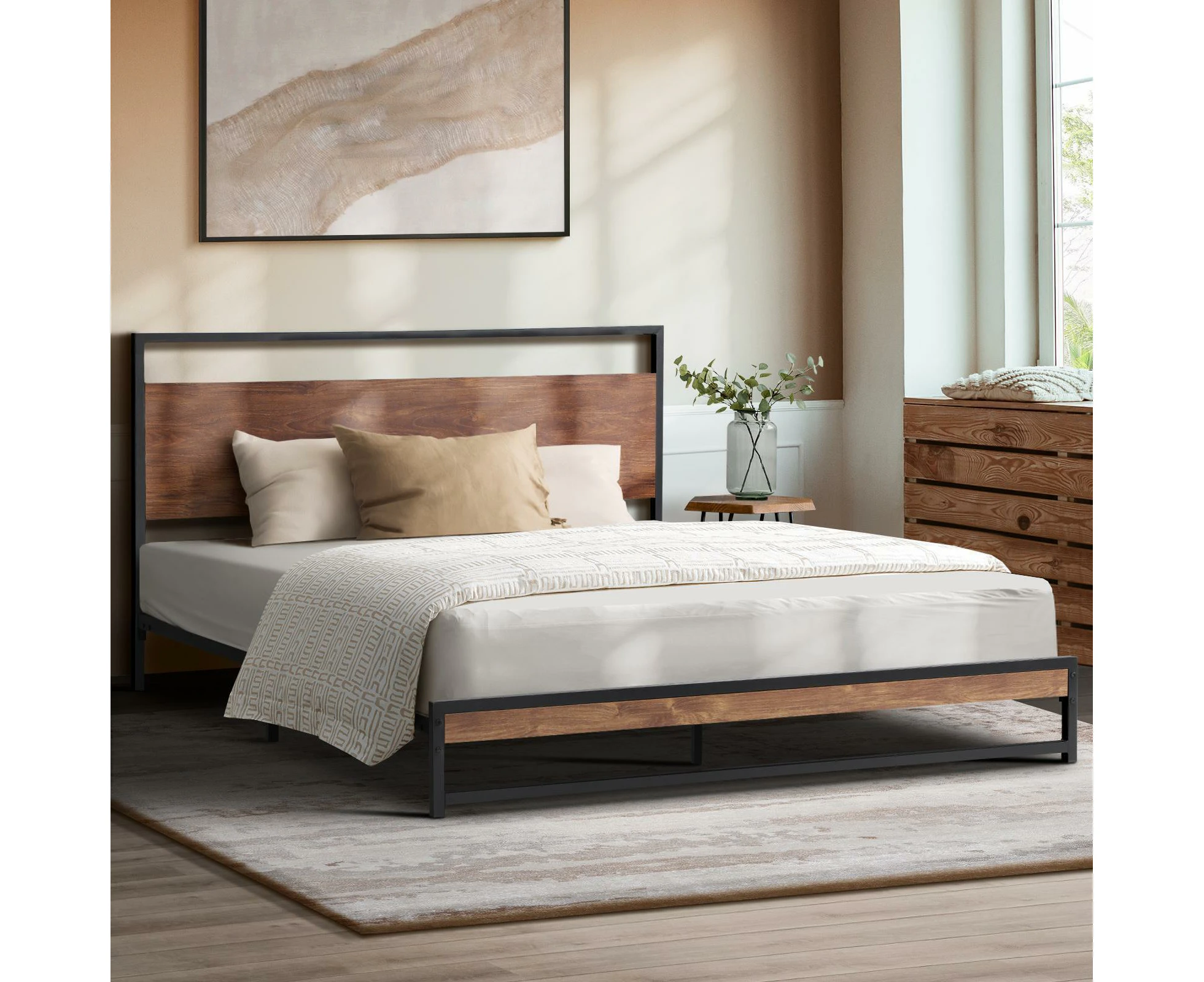 Oikiture Bed Frame Double Size Metal Frame Wood