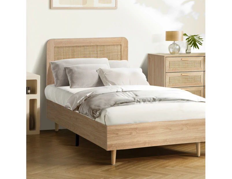 Oikiture Bed Frame Single Size Wooden Bed Frame Rattan Headboard