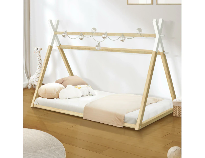 Oikiture Bed Frame King Single Wooden Kids Teepee House Frame