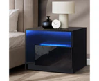 Oikiture Bedside Tables RGB LED Side Table Drawers High Gloss Nightstand Black