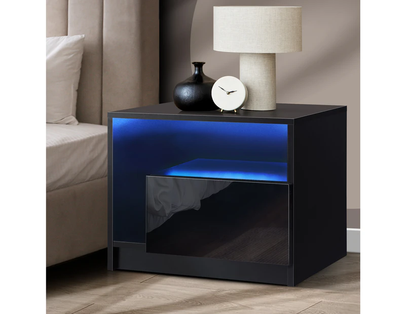 Oikiture Bedside Tables RGB LED Side Table Drawers High Gloss Nightstand Black