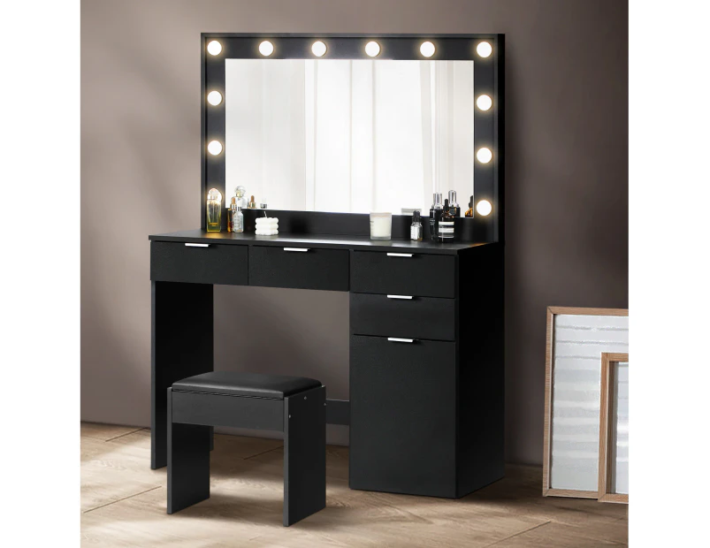 Oikiture Dressing Table Stool Set Makeup Large Mirror Dresser 12 LED Bulbs Black